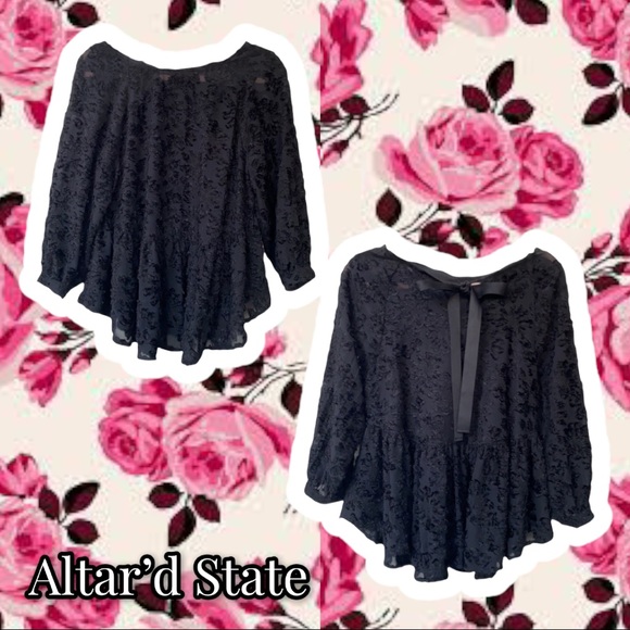 Altar’d State NWOT Black on Black Textured Lace Floral Top w/ Back Bow - Picture 1 of 16